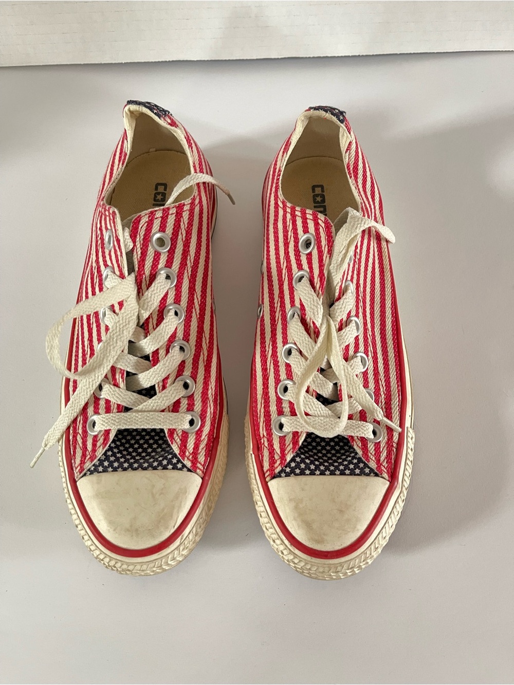 Converse Red & White Striped Sneakers with Navy Star Toe